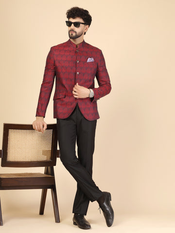 Maroon 100% Linen Jacquard Bandhgala Jacket
