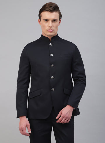 Navy Blue Solid Bandhgala Suit