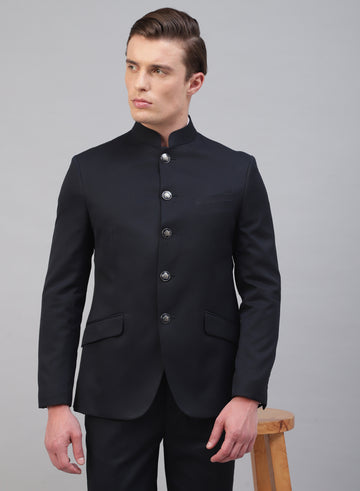 Navy Blue Solid Bandhgala Suit