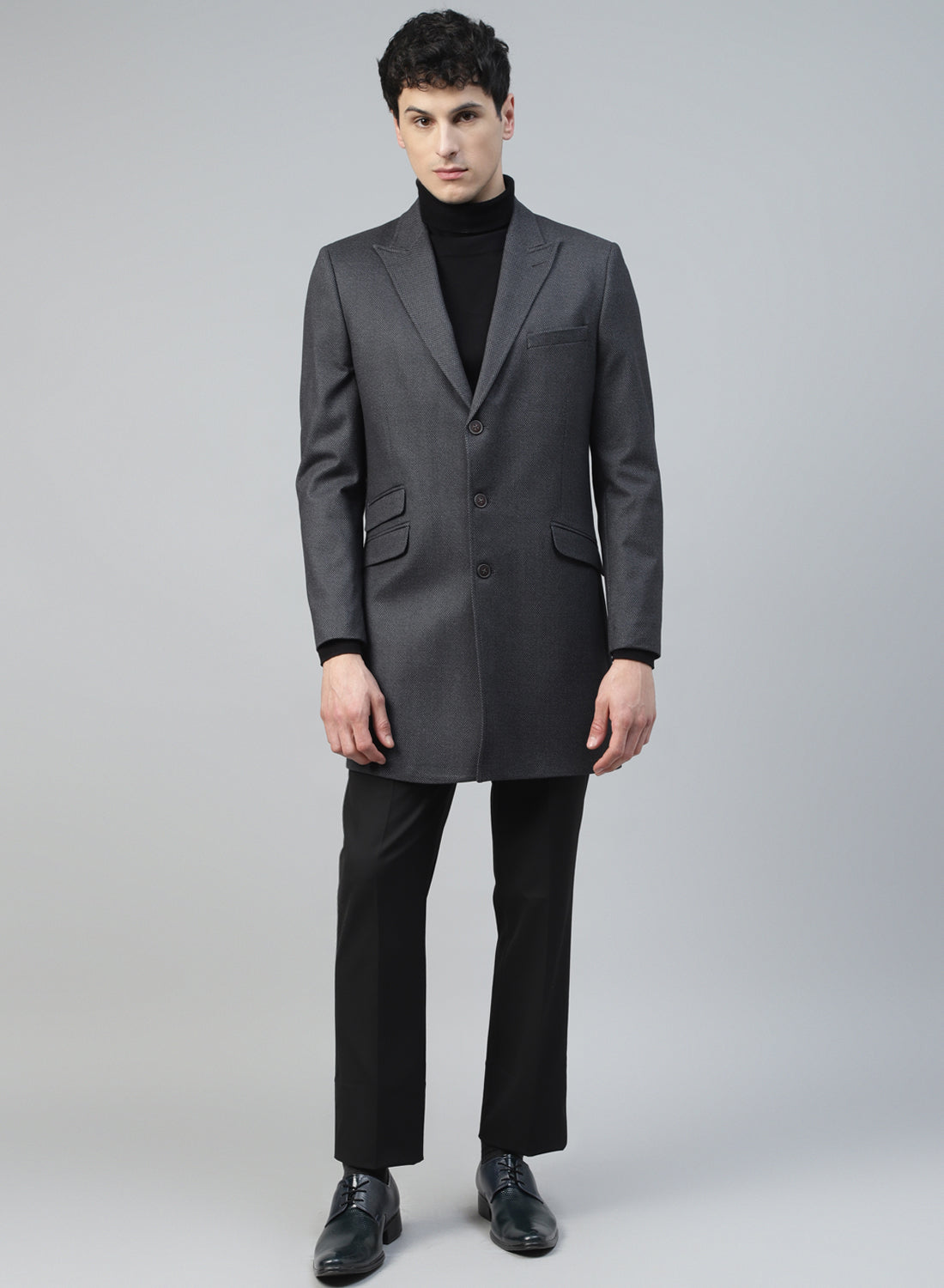 Grey Knit Textured Uncrushable Long Coat