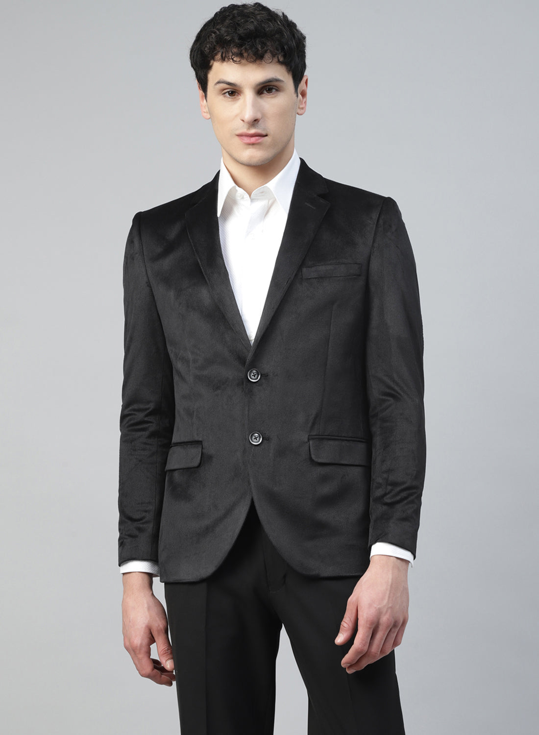 Black Solid Corduroy Notch Collar Jacket