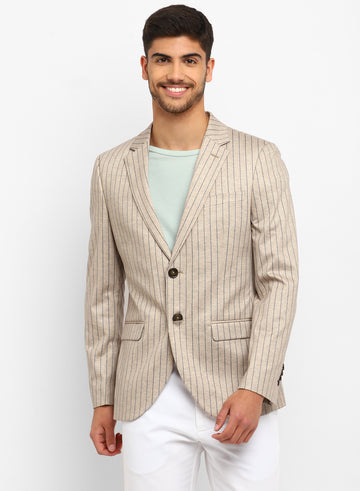 Beige Knit Uncrushable Stripe Notch Collar Jacket