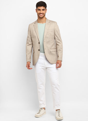 Beige Knit Uncrushable Stripe Notch Collar Jacket