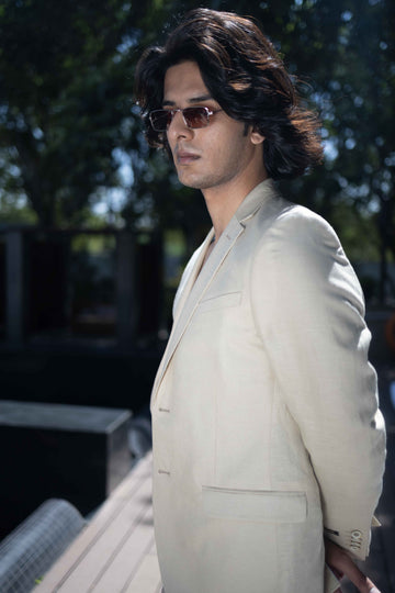 Beige Solid 100% linen Jacket