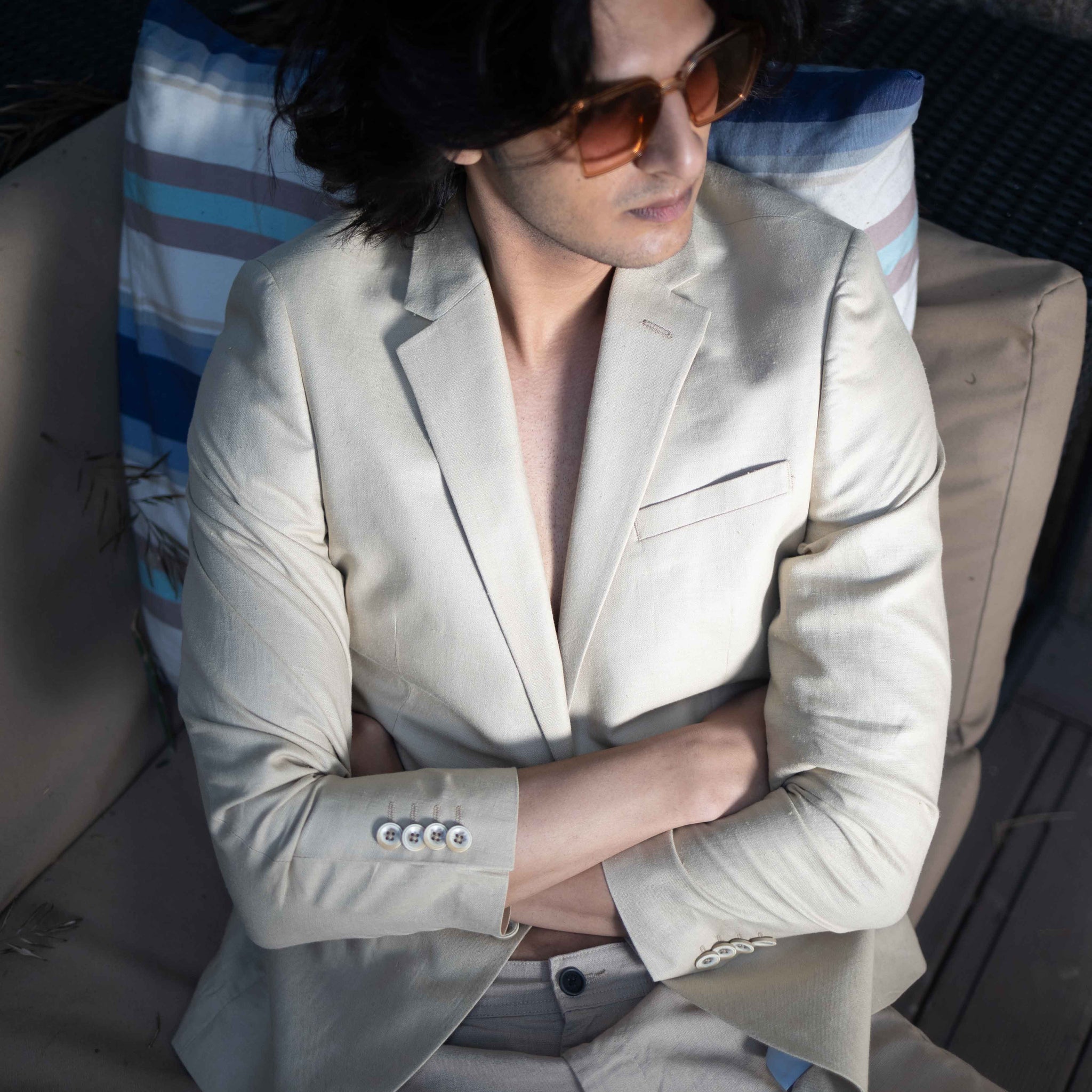 Beige Solid 100% linen Jacket