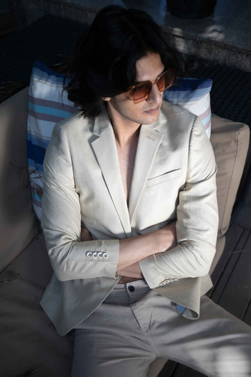 Beige Solid 100% linen Jacket