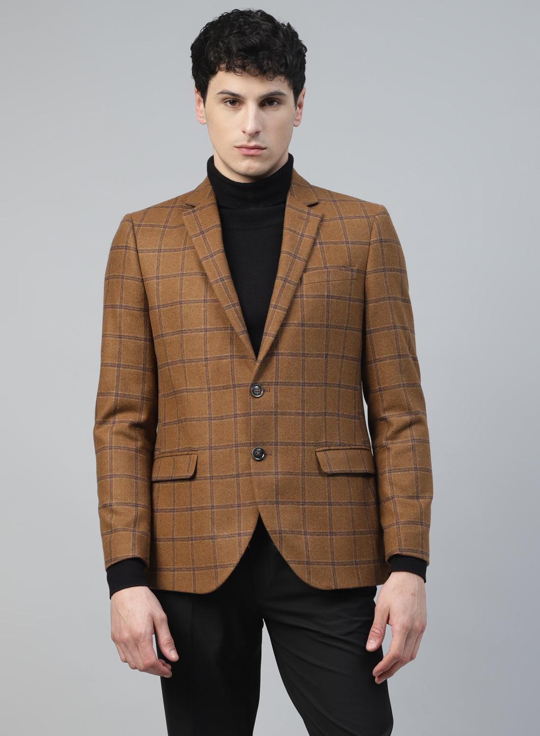 Camel Tweed Check Notch Collar Jacket