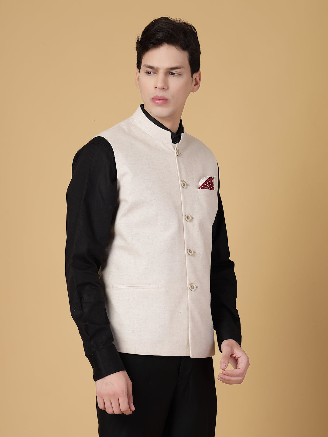 Beige Hemp Solid Nehru Jacket