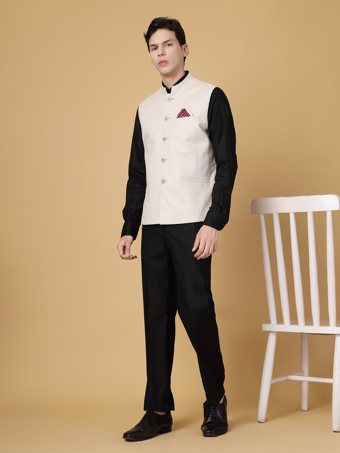 Beige Hemp Solid Nehru Jacket