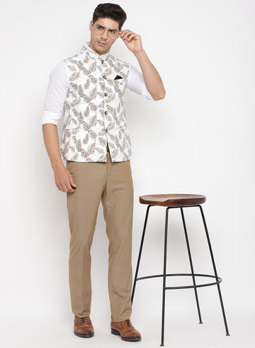 White Cotton Linen Printed Nehru Jacket