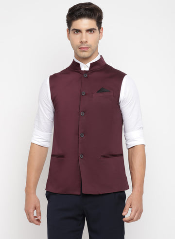 Wine Cotton Lycra Solid Nehru Jacket