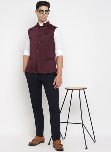 Wine Cotton Lycra Solid Nehru Jacket