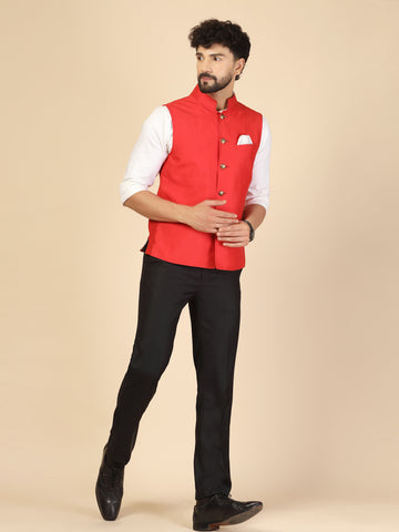 Red Silk Designer Nehru Jacket