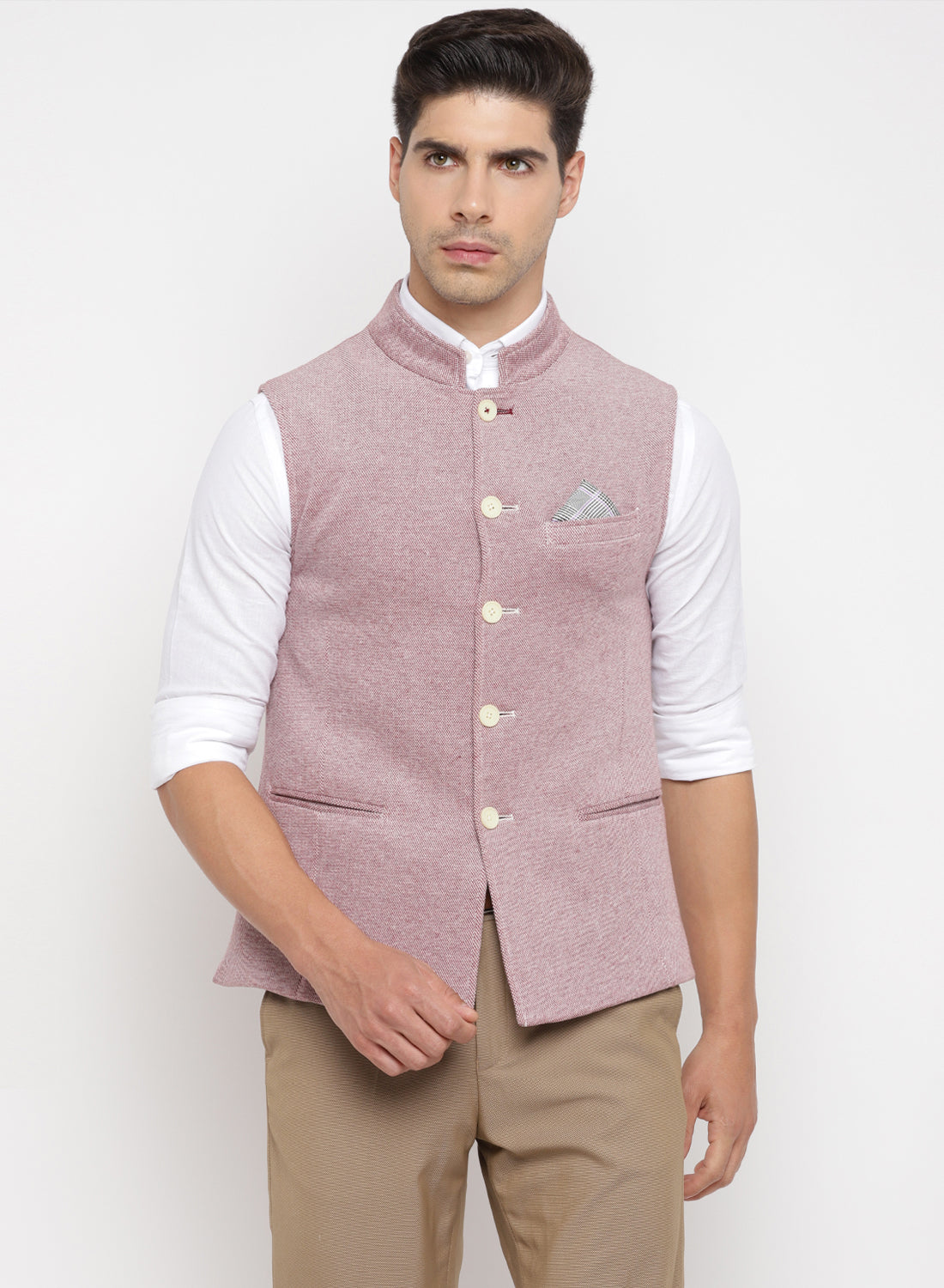 Light Maroon Knit Solid Nehru Jacket