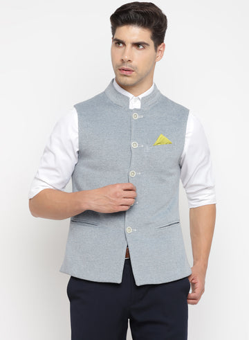 Teal Knit Textured Nehru Jacket
