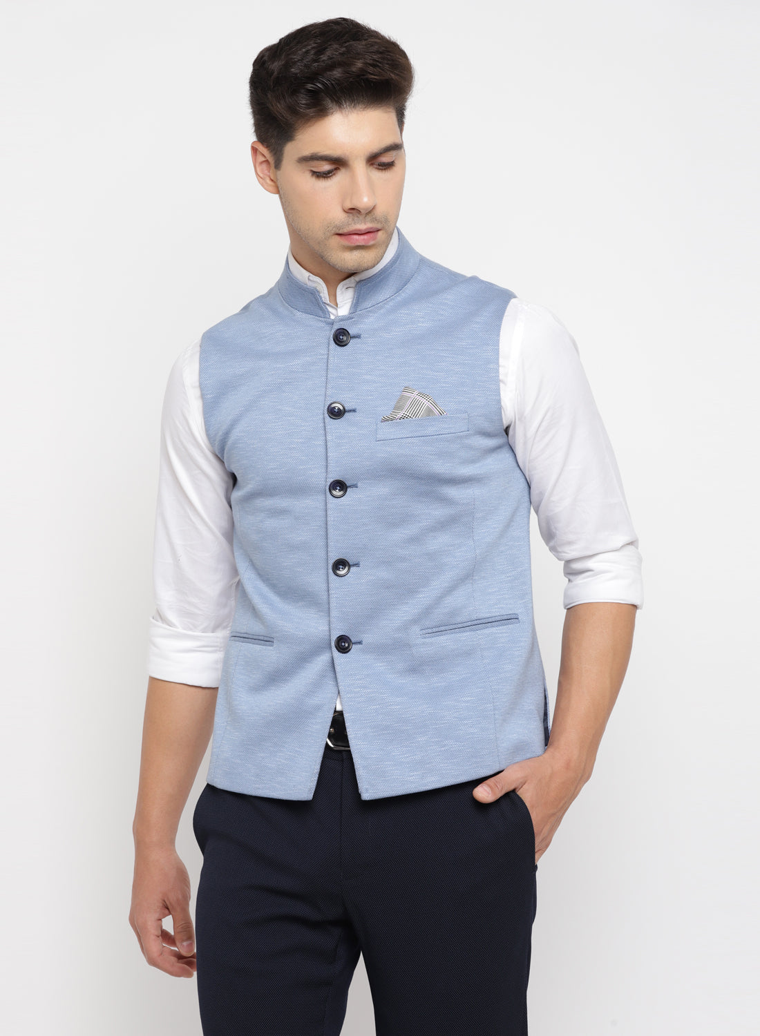 Sky Blue Knit Solid Nehru Jacket