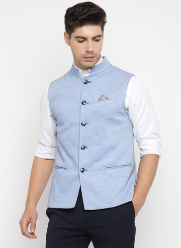 Light Blue Knit Solid Nehru Jacket
