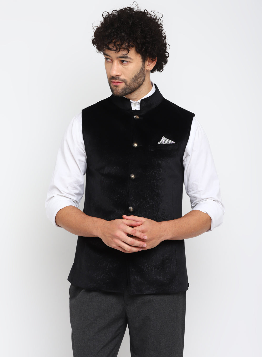 Black Velvet Jacquard Textured Nehru Jacket