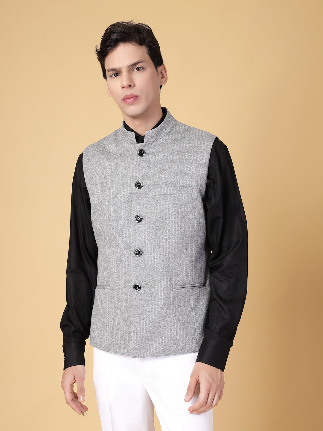 Grey Stripe Uncrushable  Nehru Jacket