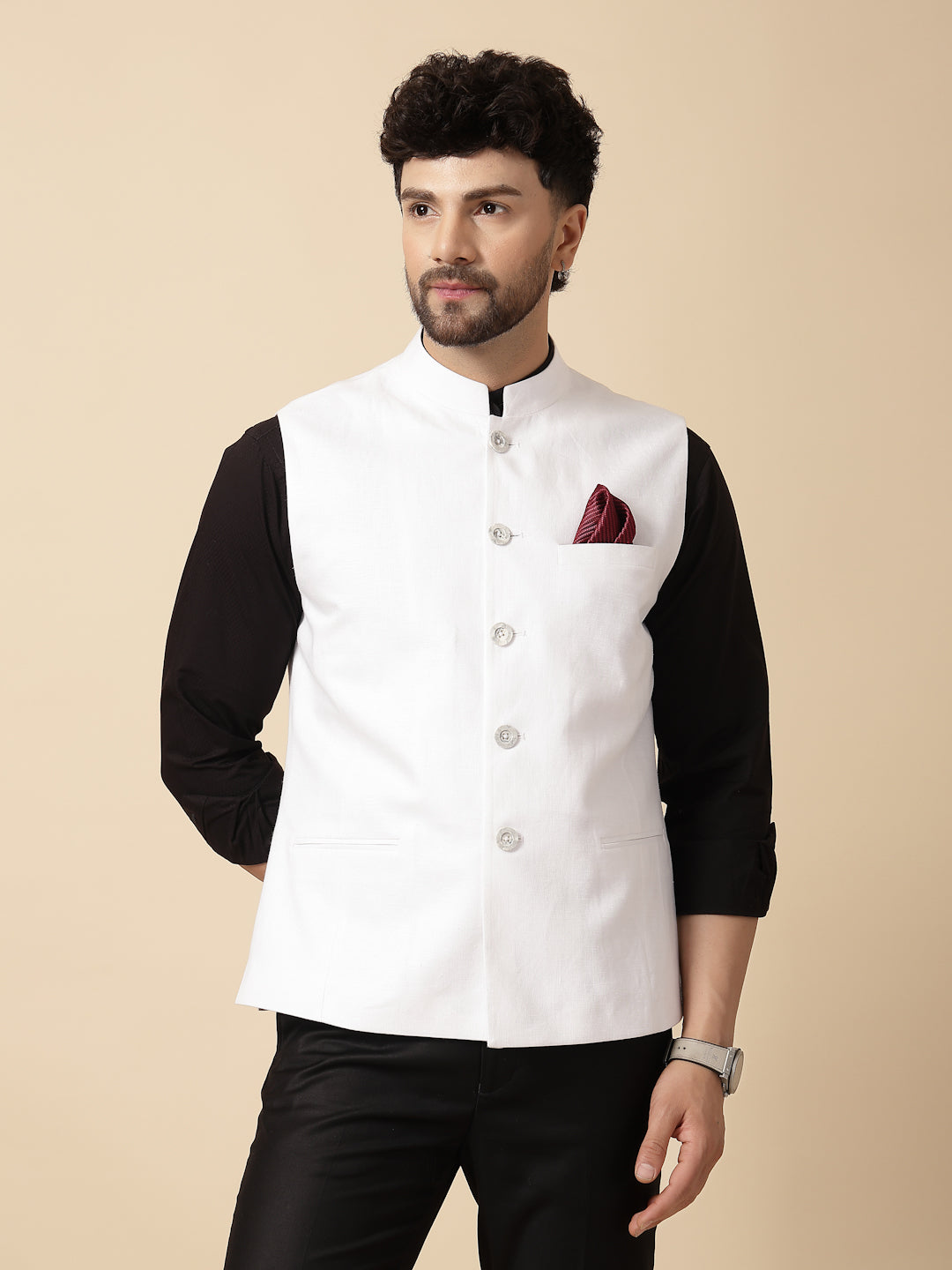White Solid linen Hemp Nehru Jacket