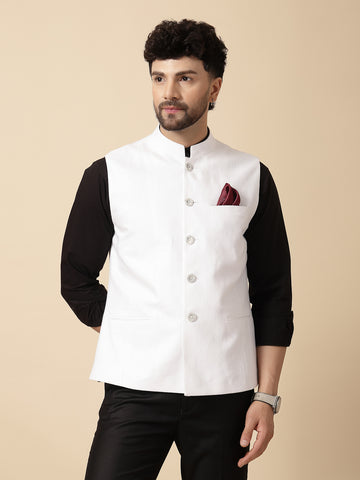 White Solid linen Hemp Nehru Jacket