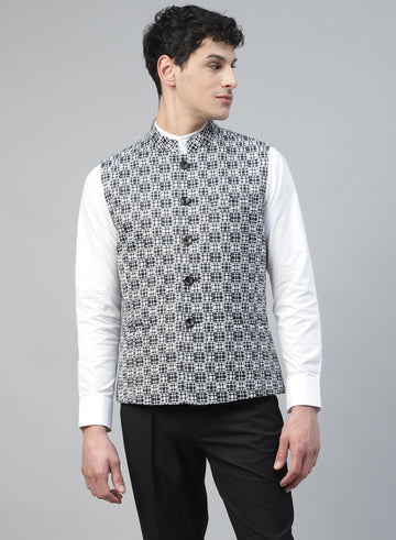Black & White Uncrushable Printed Nehru Jacket