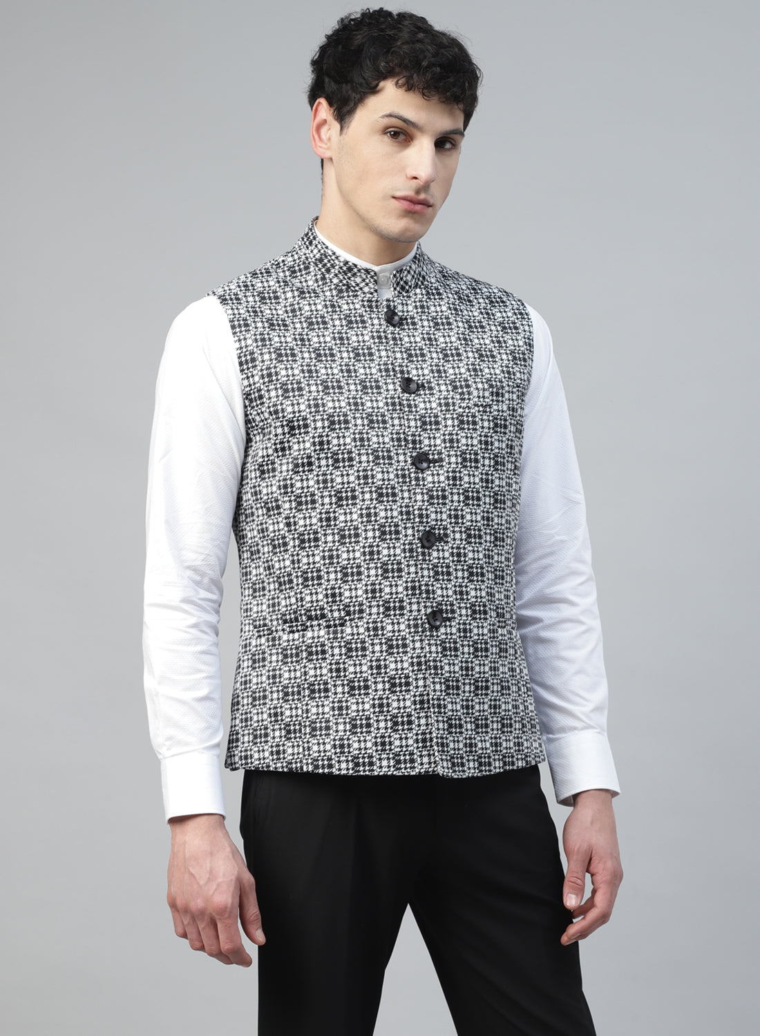 Black & White Uncrushable Printed Nehru Jacket