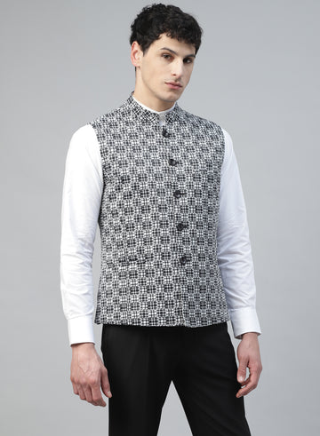 Black & White Uncrushable Printed Nehru Jacket