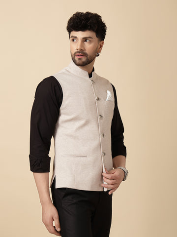 Light Beige Uncrushable Houndstooth Nehru Jacket