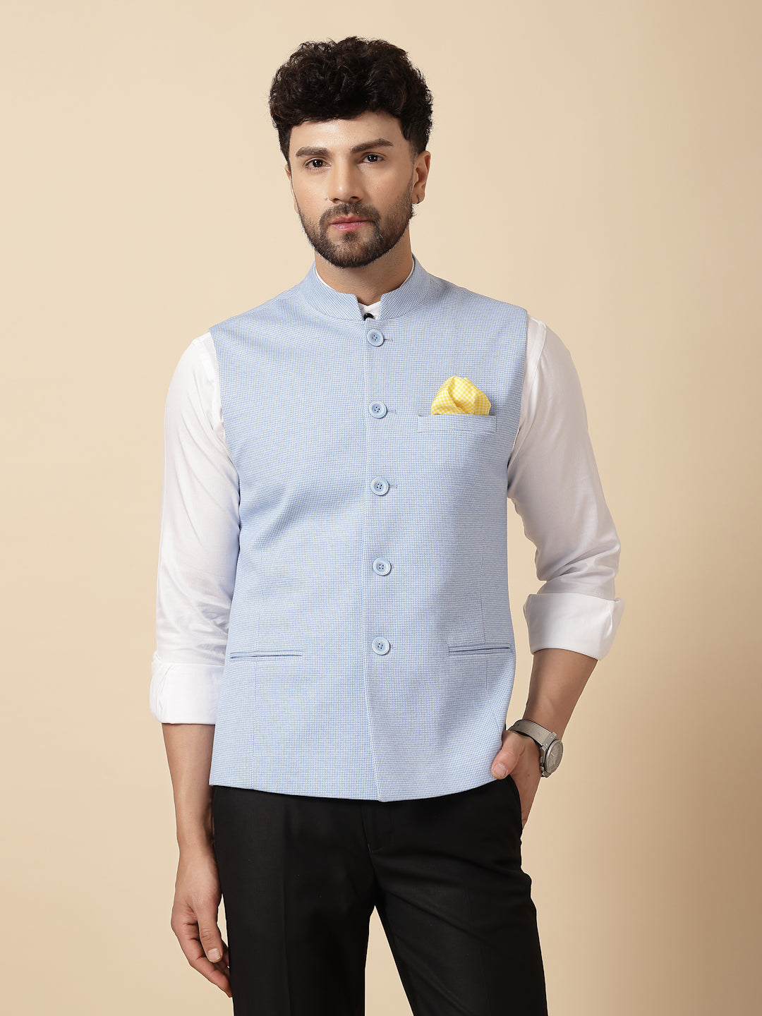 Light Blue Uncrushable Houndstooth Nehru Jacket