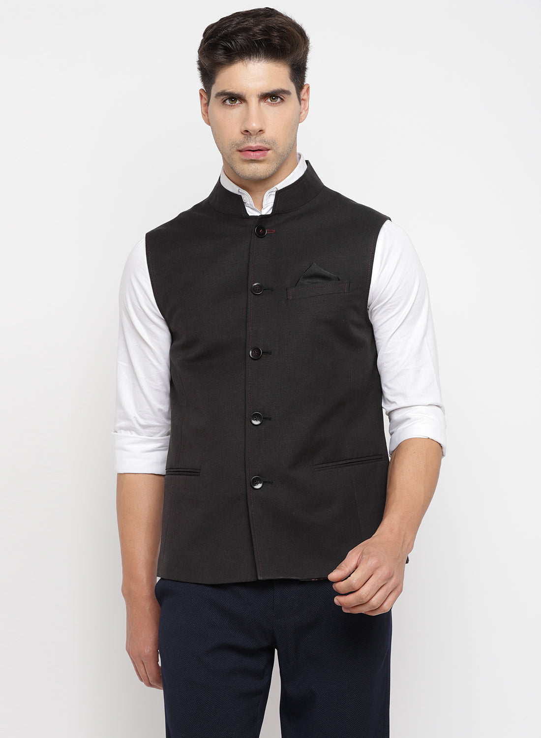 Black Linen Solid Nehru Jacket