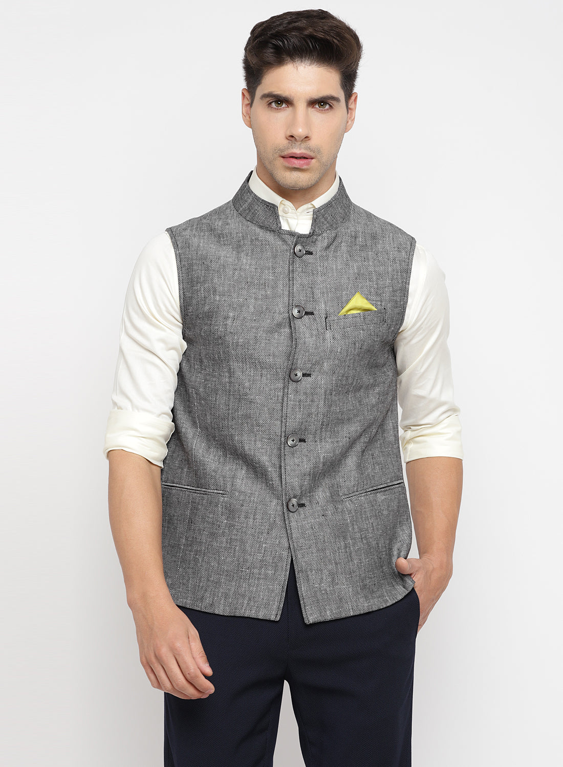 Charcoal Linen Solid Nehru Jacket