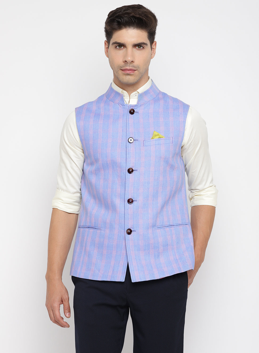 Blue Linen Checks Nehru Jacket