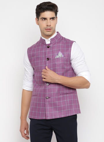 Purple Linen Check Nehru Jacket