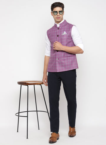 Purple Linen Check Nehru Jacket
