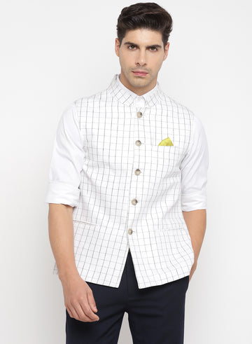 White Linen Checks Nehru Jacket