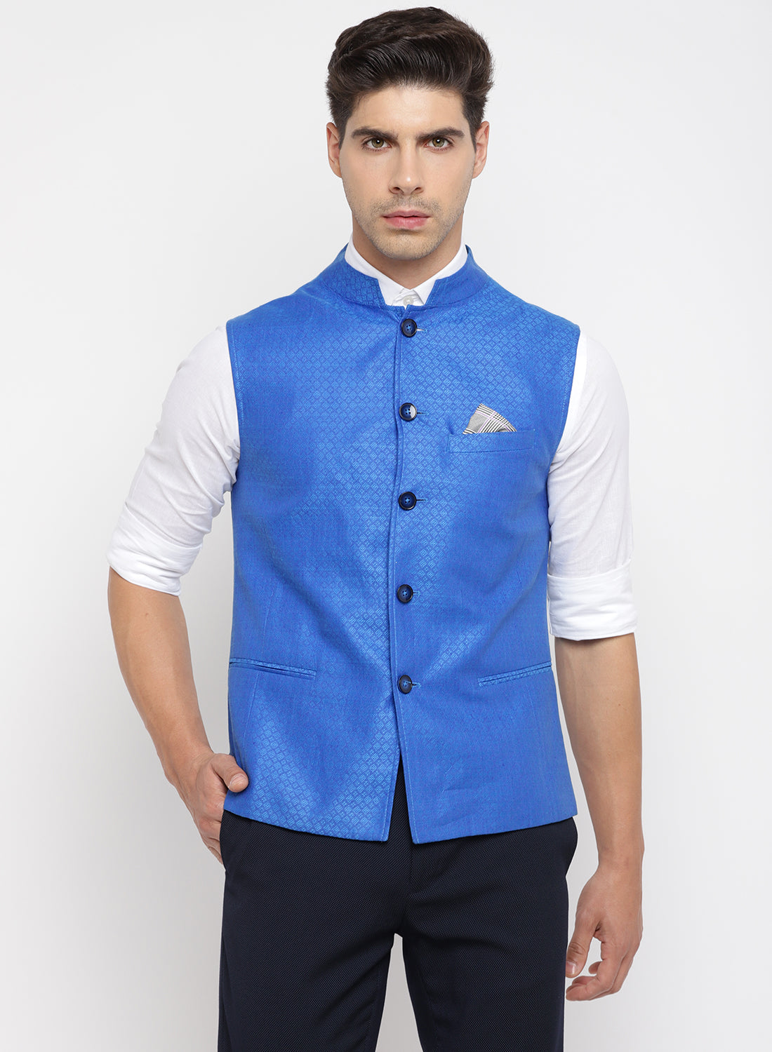 Royal Blue Linen Structured Nehru Jacket