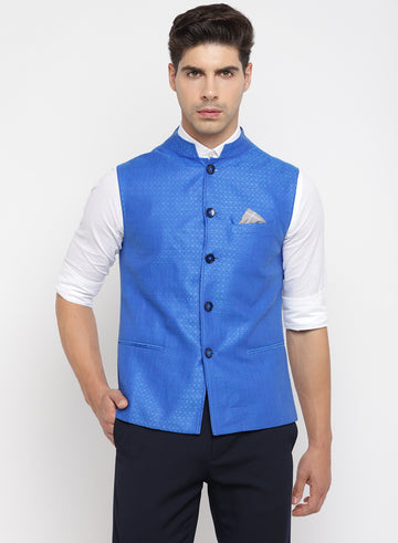 Royal Blue Linen Textured Nehru Jacket