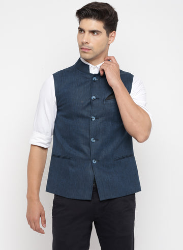 Navy Linen Solid Nehru Jacket