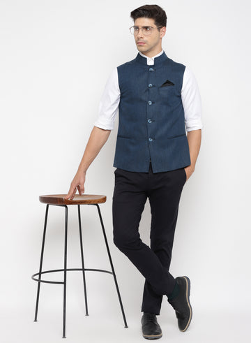 Navy Linen Solid Nehru Jacket