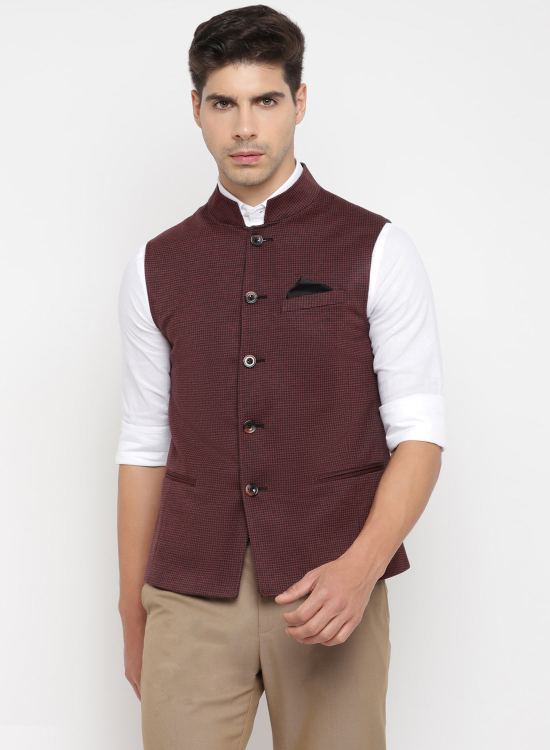 Wine Knit Check Nehru Jacket