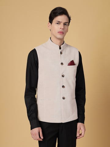 Beige Structured Uncrushable Nehru Jacket