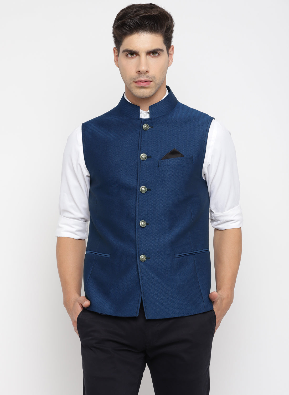 Blue Textured Nehru Jacket
