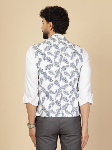 White & Blue Cotton Linen Printed Nehru Jacket