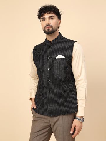 Black Uncrushable Stripe Nehru Jacket