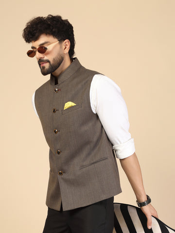 Brown Polywool Nehru Jacket