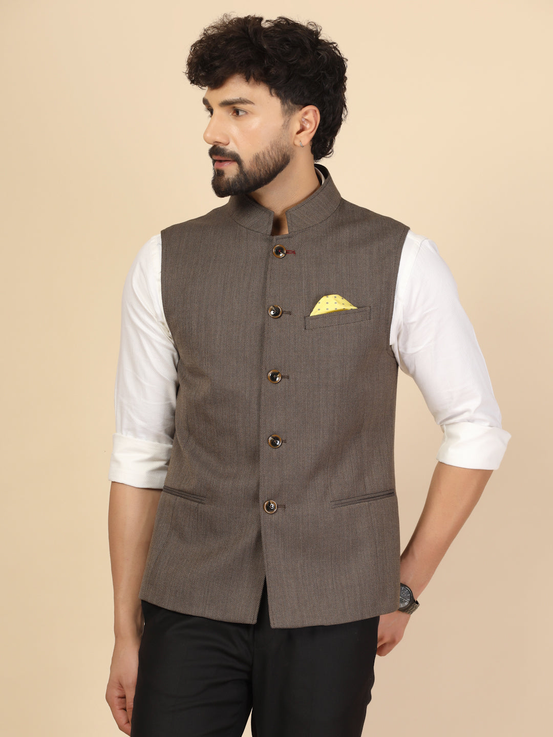 Brown Polywool Nehru Jacket
