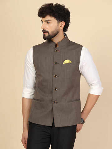 Brown Polywool Nehru Jacket