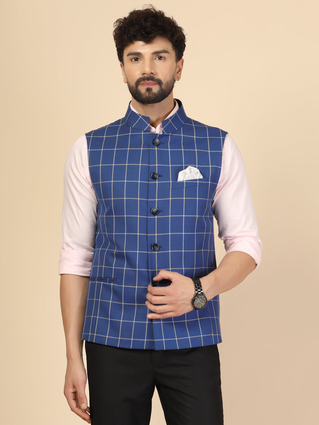Blue Polywool Check Nehru Jacket