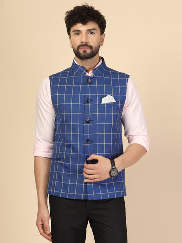Blue Polywool Check Nehru Jacket
